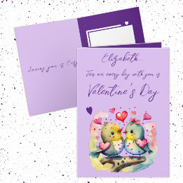 Cute love birds name purple Valentine's Day Card