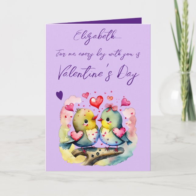 Cute love birds name purple Valentine's Day Card (Front)