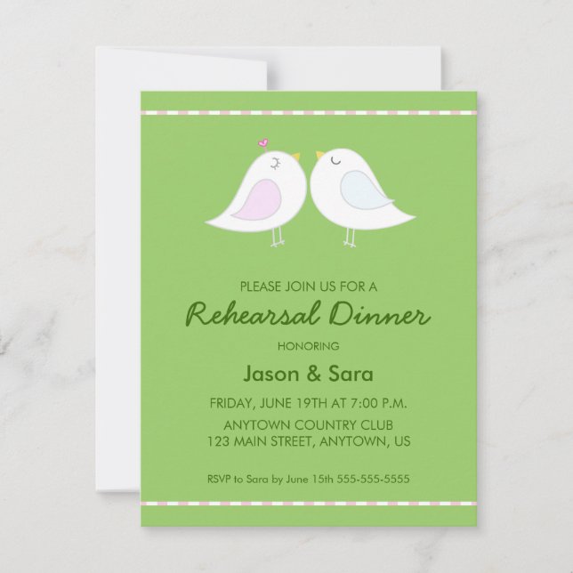 Cute Love Birds on Green Rehearsal Dinner Invitation (Front)