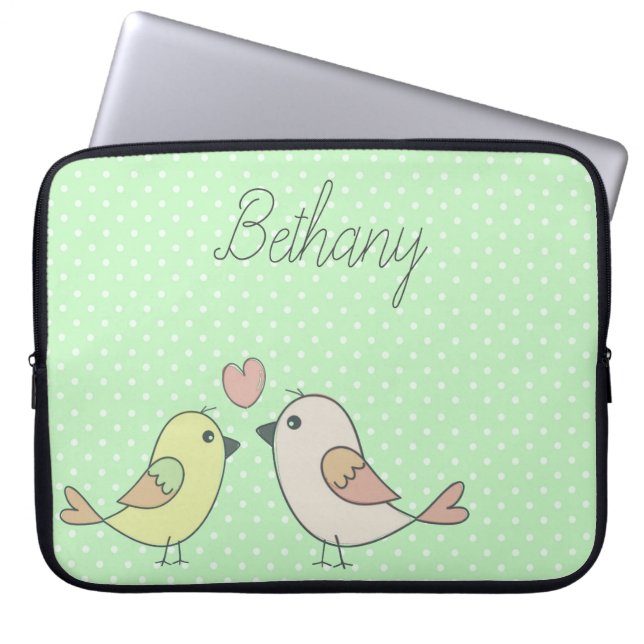 Cute Love Birds on Mint Green Polka Dot Laptop Sleeve (Front)