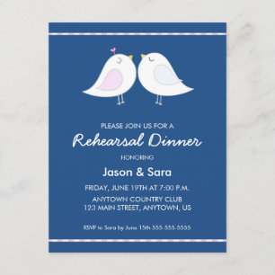 Cute Love Birds on Navy Blue Rehearsal Dinner Invitation
