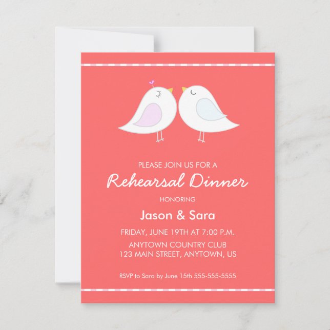 Cute Love Birds on Red Rehearsal Dinner Invitation (Front)