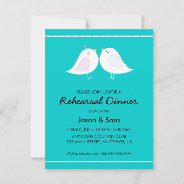 Cute Love Birds on Teal Rehearsal Dinner Invitation (Front)