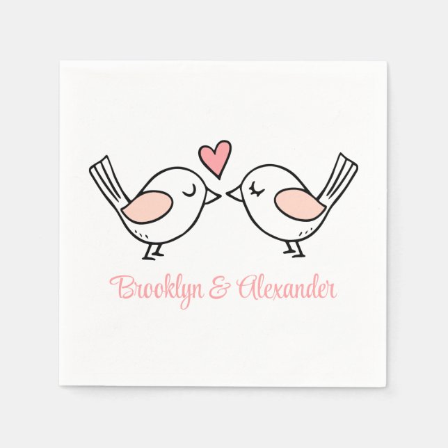 Cute Love Birds Pink Black Lovebird Wedding Napkin (Front)