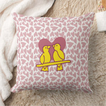 Cute Love Birds & Pink Hearts Throw Pillow