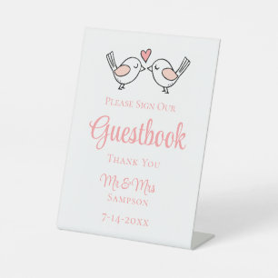 Cute Love Birds Pink Lovebirds Wedding Guestbook Pedestal Sign