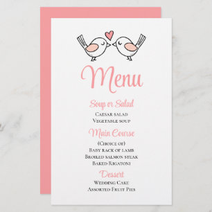 Cute Love Birds Pink Lovebirds Wedding Menu