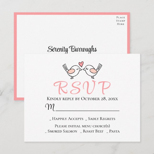  Cute Love Birds Pink Lovebirds Wedding RSVP   Postcard (Front/Back)