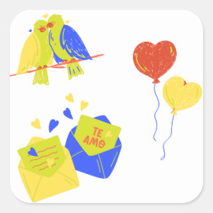cute love birds & romantic letters square sticker