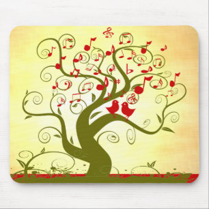 Cute Love Birds Singing Swirl Tree MousePad