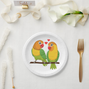 Cute Love Birds Yellow and Green Lovebirds Wedding Paper Plate