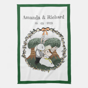 Cute Love Bunnies   Custom Wedding Anniversary Tea Towel
