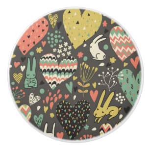 Cute love bunnies pattern with hearts ceramic knob