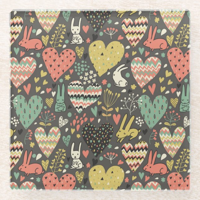 Cute love bunnies pattern with hearts glass coaster (Front)