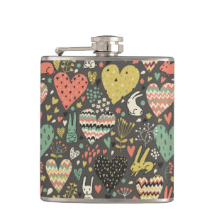 Cute love bunnies pattern with hearts hip flask