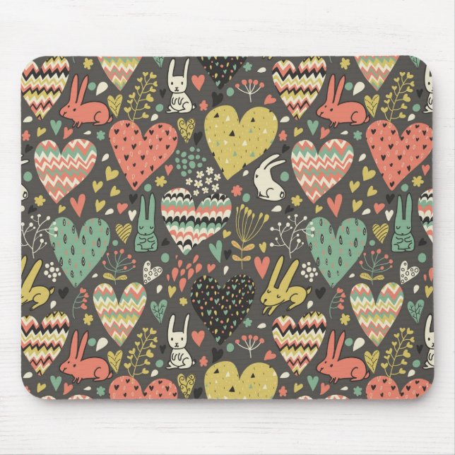 Cute love bunnies pattern with hearts mouse mat (Front)