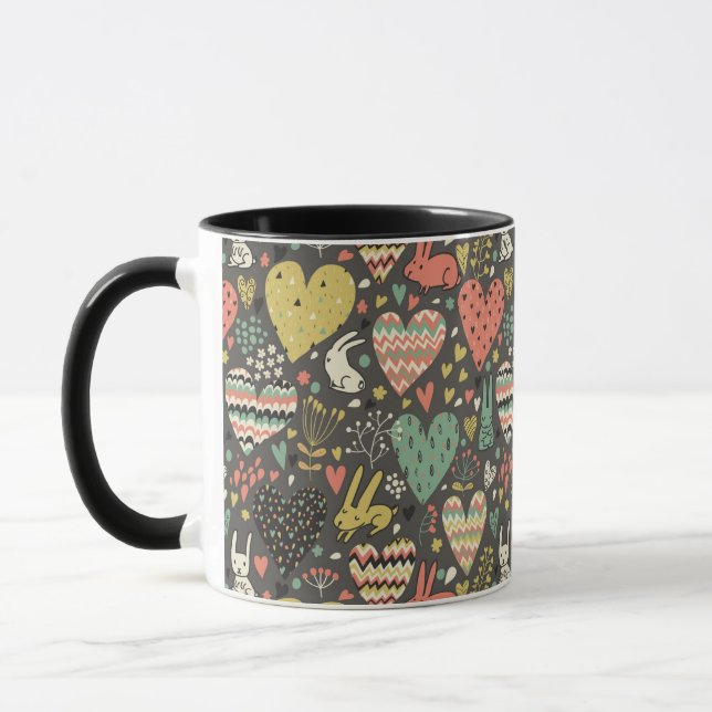 Cute love bunnies pattern with hearts mug (Left)
