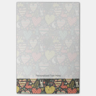 Cute love bunnies pattern with hearts post-it notes