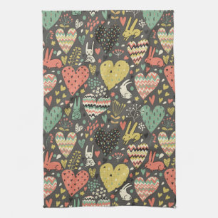 Cute love bunnies pattern with hearts tea towel