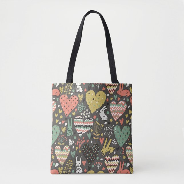 Cute love bunnies pattern with hearts tote bag (Front)
