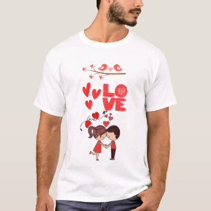 Cute Love Couple Illustration with Hearts T-Shirt