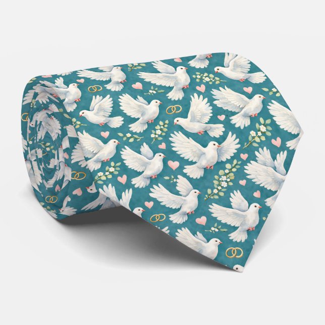Cute love doves hearts rings tiled wedding  tie (Rolled)