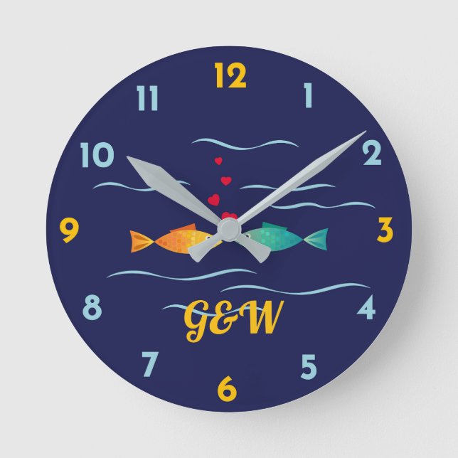 Cute Love Fish couple monograms Round Clock (Front)