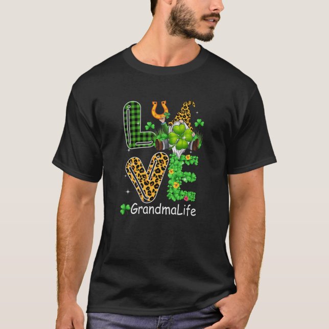 Cute Love Grandma Life Plaid Leopard Gnome St. Pat T-Shirt (Front)