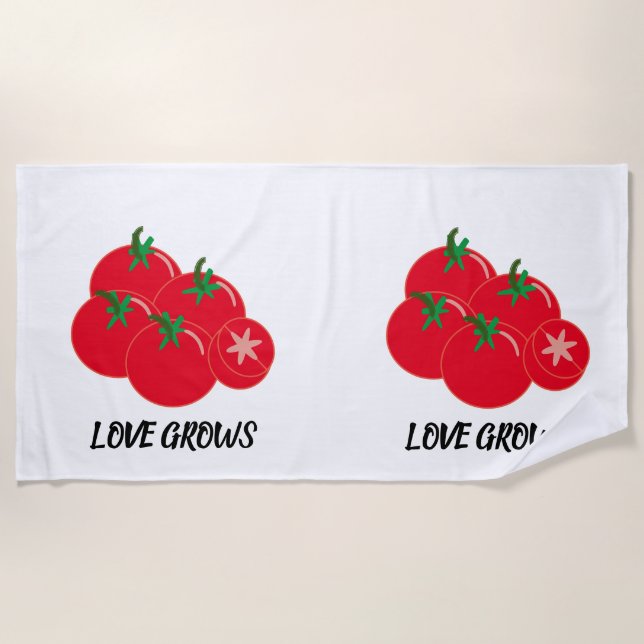 Cute Love Grows Red Tomatoes Beach Towel (Front)