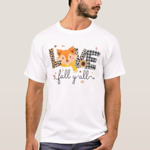 Cute Love Happy Fall Y'all Leopard Plaid Fall Fox T-Shirt