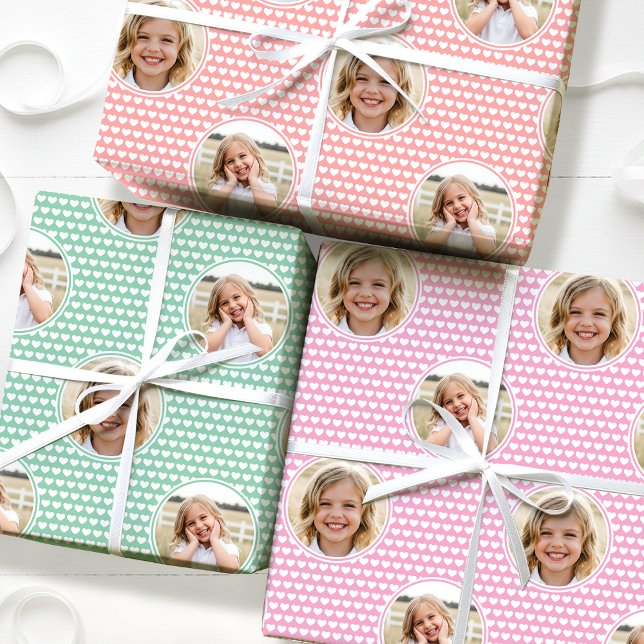 Cute Love Heart 2 Photo Pink Mint Green Set of 3 Wrapping Paper Sheet (Creator Uploaded)