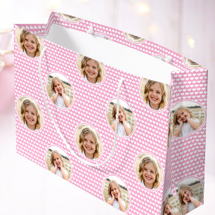 Cute Love Heart 2 Photo Pretty Pink Pattern Large Gift Bag