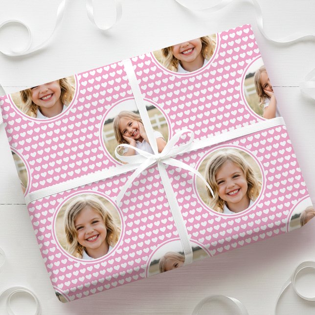 Cute Love Heart 2 Photo Pretty Pink Pattern Wrapping Paper (Creator Uploaded)