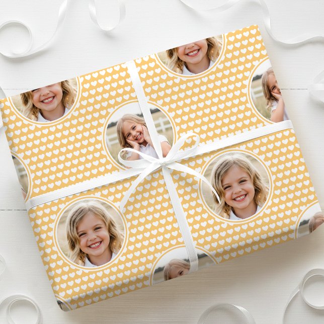 Cute Love Heart 2 Photo Pretty Yellow Pattern Wrapping Paper (Creator Uploaded)