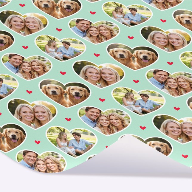 Cute Love Heart 4 Photo Elegant Mint Pattern Wrapping Paper (Creator Uploaded)