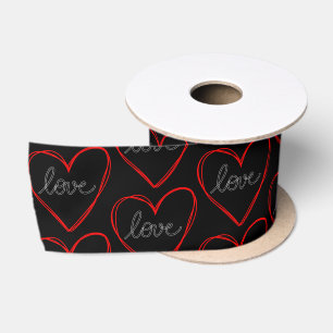 Cute love heart pattern on black background satin ribbon