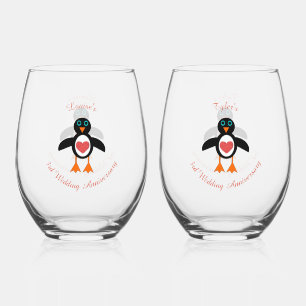 Cute Love Heart Penguin Custom 3rd Anniversary Stemless Wine Glass