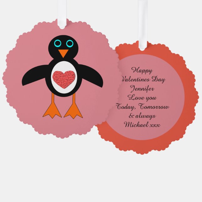 Cute Love Heart Penguin Custom Tree Decoration Card (Front/Back)