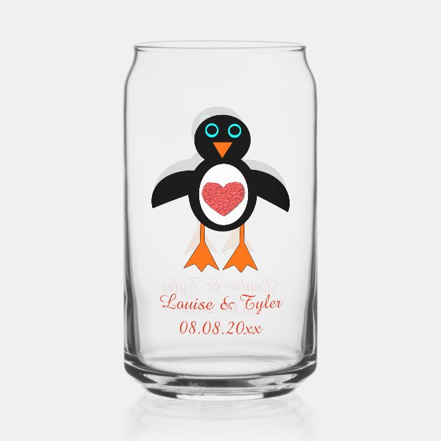Cute Love Heart Penguin Custom Wedding Can Glass (Front)