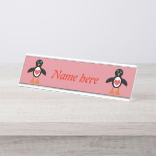 Cute Love Heart Penguin Desk Name Plate