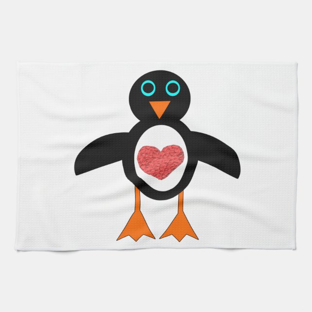 Cute Love Heart Penguin Kitchen Towel (Horizontal)