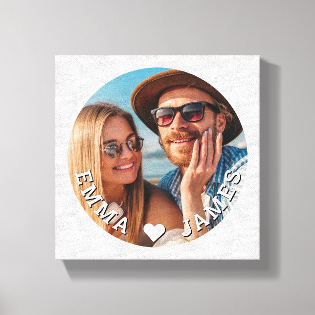 Cute Love Heart Photo Couples Personalised Names Canvas Print (Front)