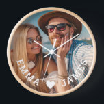 Cute Love Heart Photo Couples Personalised Names Clock<br><div class="desc">Cute Love Heart Photo Couples Personalised Names Clocks features your favourite photo with a love heart and personalised with your names in modern white script. Personalise by editing the text in the text box provided and adding your own picture. Perfect gifts for couples, girlfriend, wife, sweetheart and more for birthday,...</div>