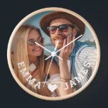 Cute Love Heart Photo Couples Personalised Names Clock<br><div class="desc">Cute Love Heart Photo Couples Personalised Names Clocks features your favourite photo with a love heart and personalised with your names in modern white script. Personalise by editing the text in the text box provided and adding your own picture. Perfect gifts for couples, girlfriend, wife, sweetheart and more for birthday,...</div>