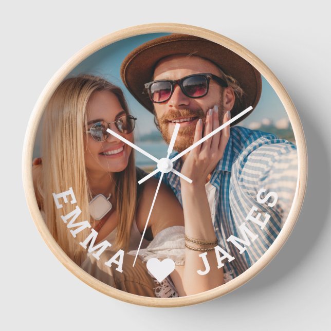 Cute Love Heart Photo Couples Personalised Names Clock (Front)