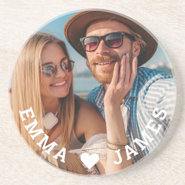Cute Love Heart Photo Couples Personalised Names Coaster (Front)