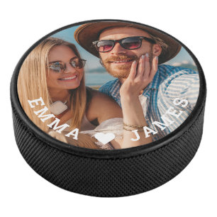 Cute Love Heart Photo Couples Personalised Names Hockey Puck
