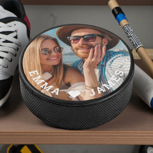 Cute Love Heart Photo Couples Personalised Names Hockey Puck