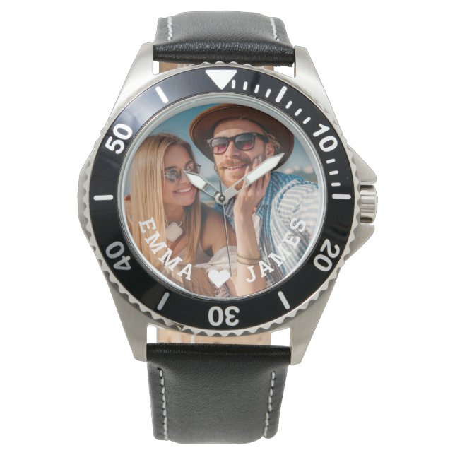 Cute Love Heart Photo Couples Personalised Names Watch (Front)