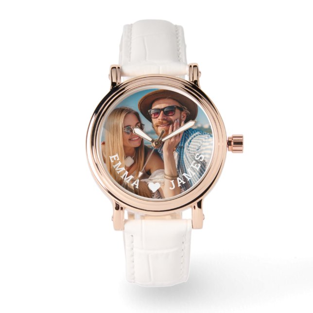 Cute Love Heart Photo Couples Personalised Names Watch (Front)